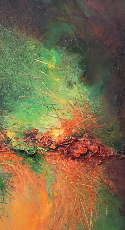 Oil painting Acute interaction by Oksana Osnach in vibrant greens oranges reds