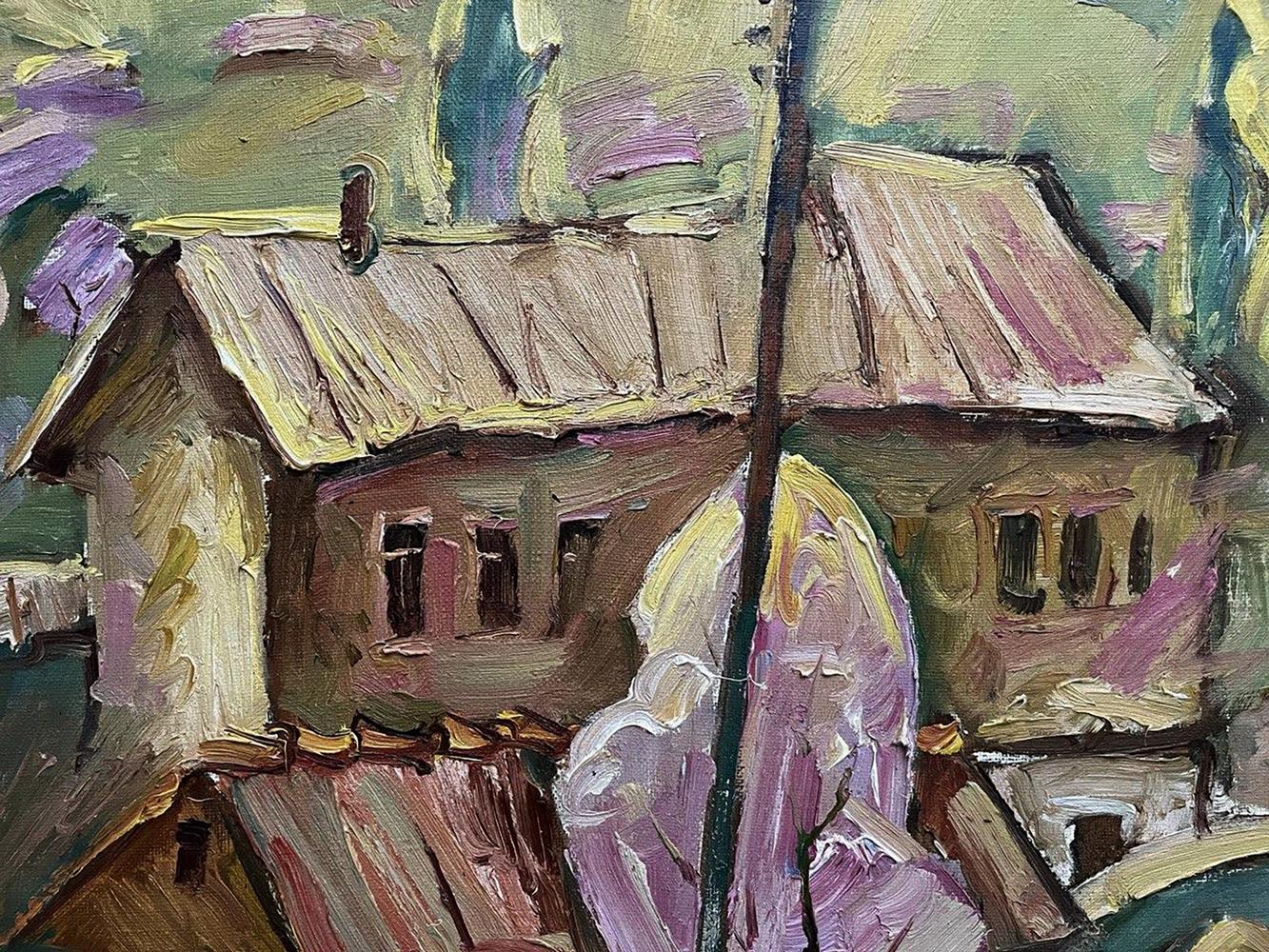 Oil painting of rustic wooden house by Oleksandr Andreev, spring day