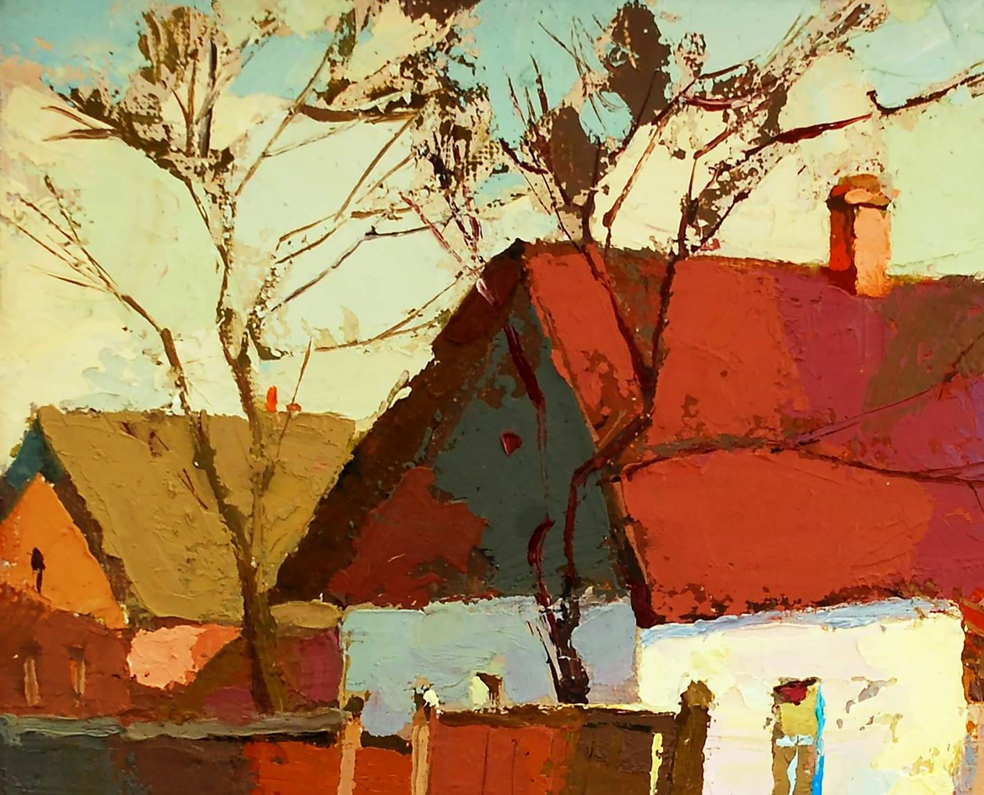 Oil painting Warm March by Egor Shvachunov: rustic house with red roof