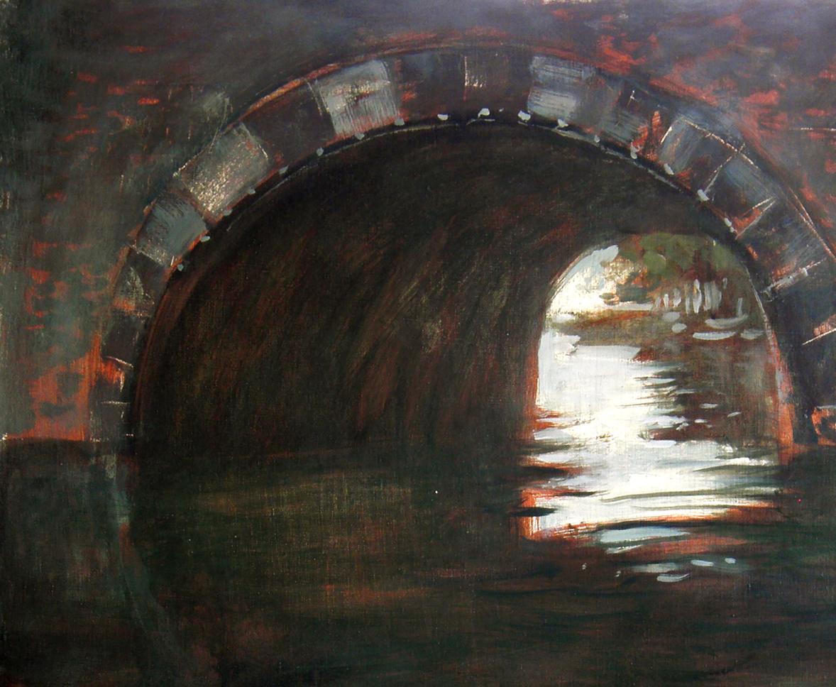 Oil painting Under the bridge by Ed Potapenkov: dark arched tunnel to bright waterway