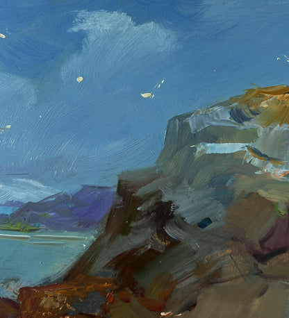 Oil painting Shore with a boat by Yuriy Suprunchuk: rocky cliffside