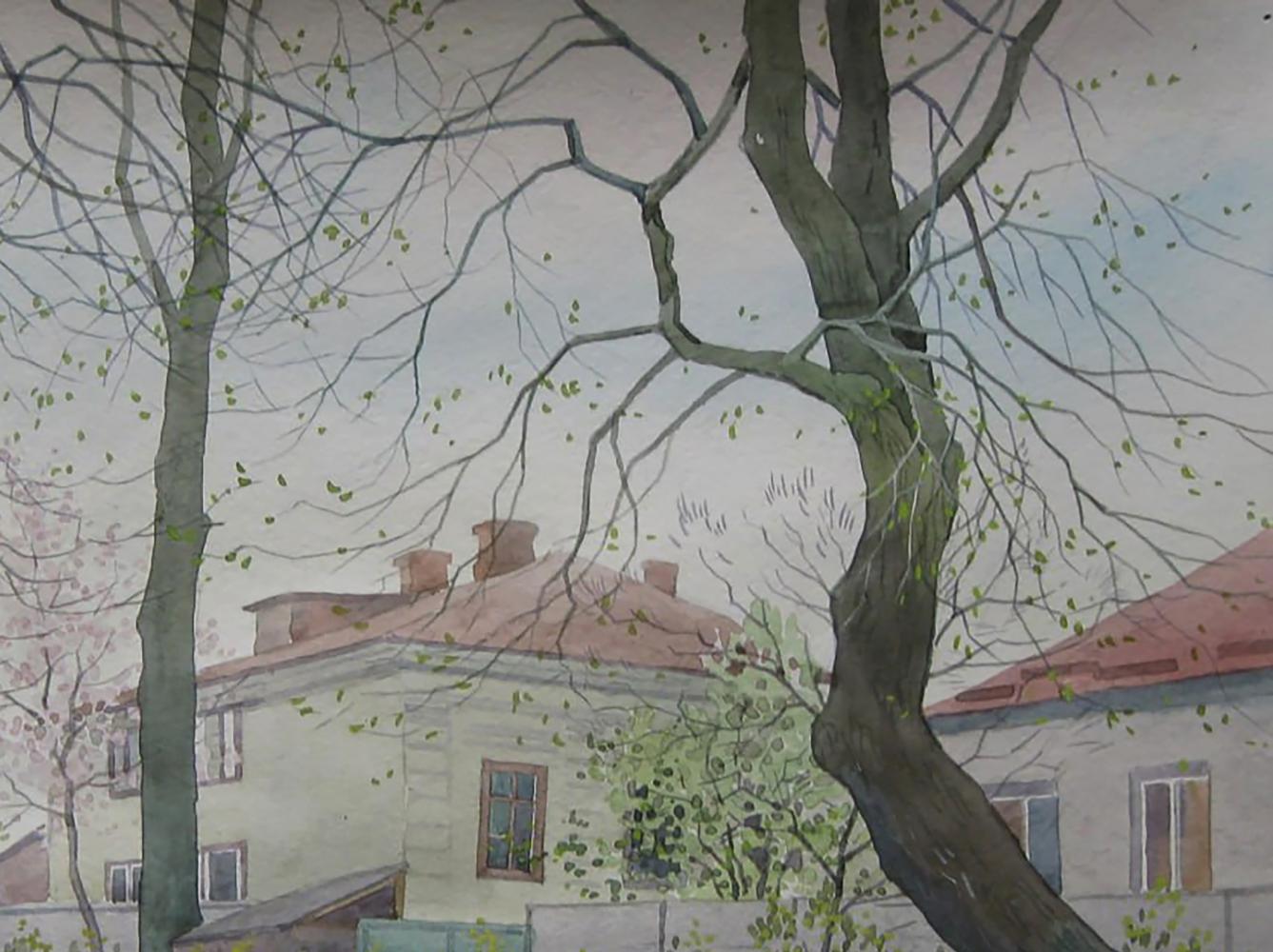 Watercolor painting of leafy tree by Valery Savenets, Spring city streets
