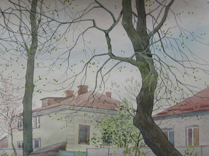 Watercolor painting of leafy tree by Valery Savenets, Spring city streets