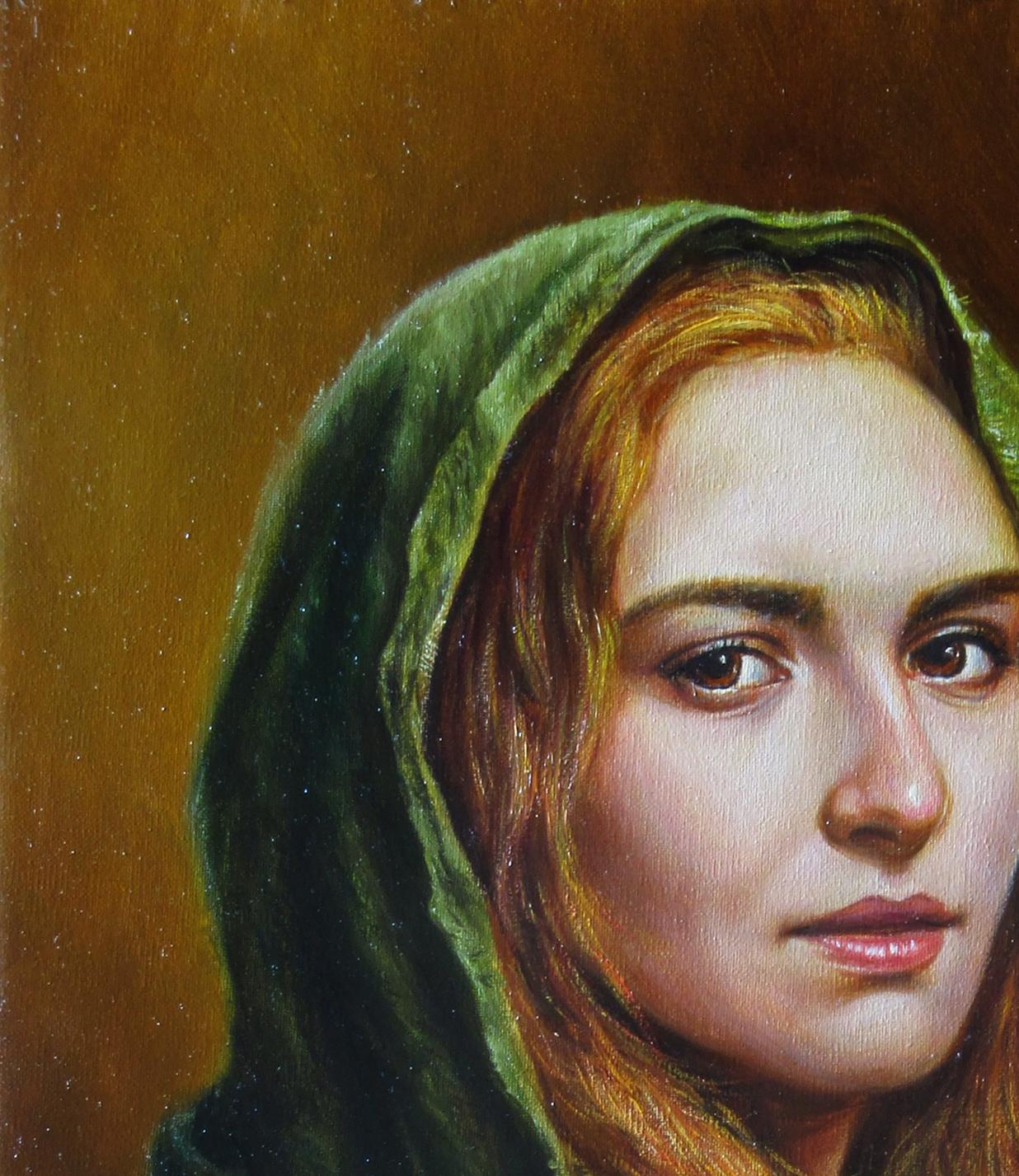 Oil painting Fox Valeriy Bulat: woman with warm skin, red-brown hair, green hood