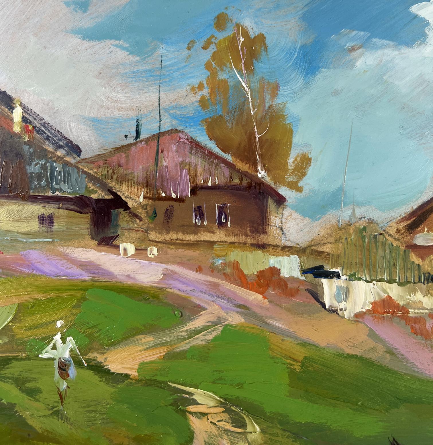Oil painting of rustic village house with boat ferry by Yuriy Suprunchuk