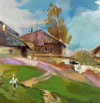 Oil painting of rustic village house with boat ferry by Yuriy Suprunchuk