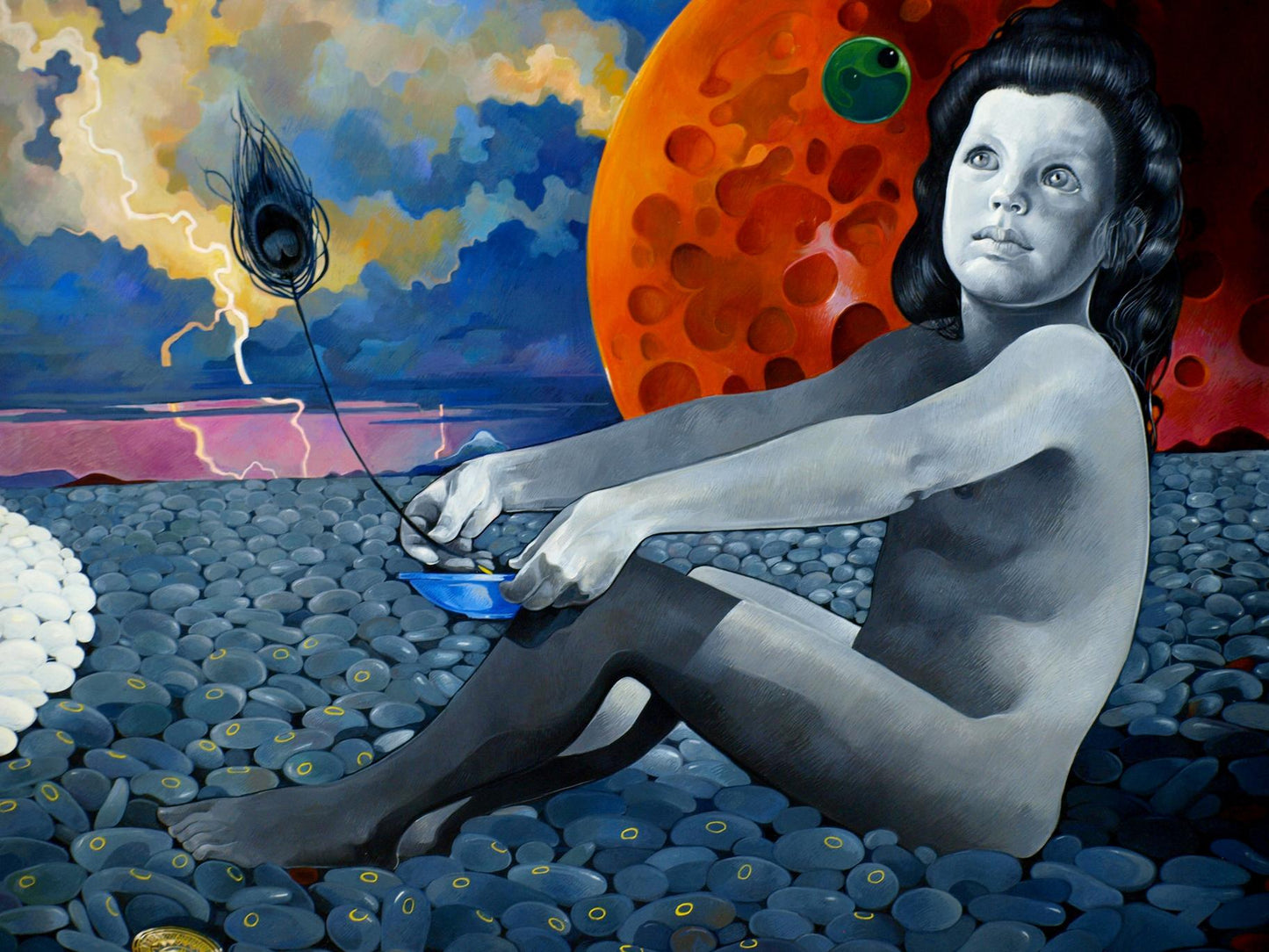Surreal oil painting by Konsta G. Amelinn: nude woman on blue pebbles with bowl