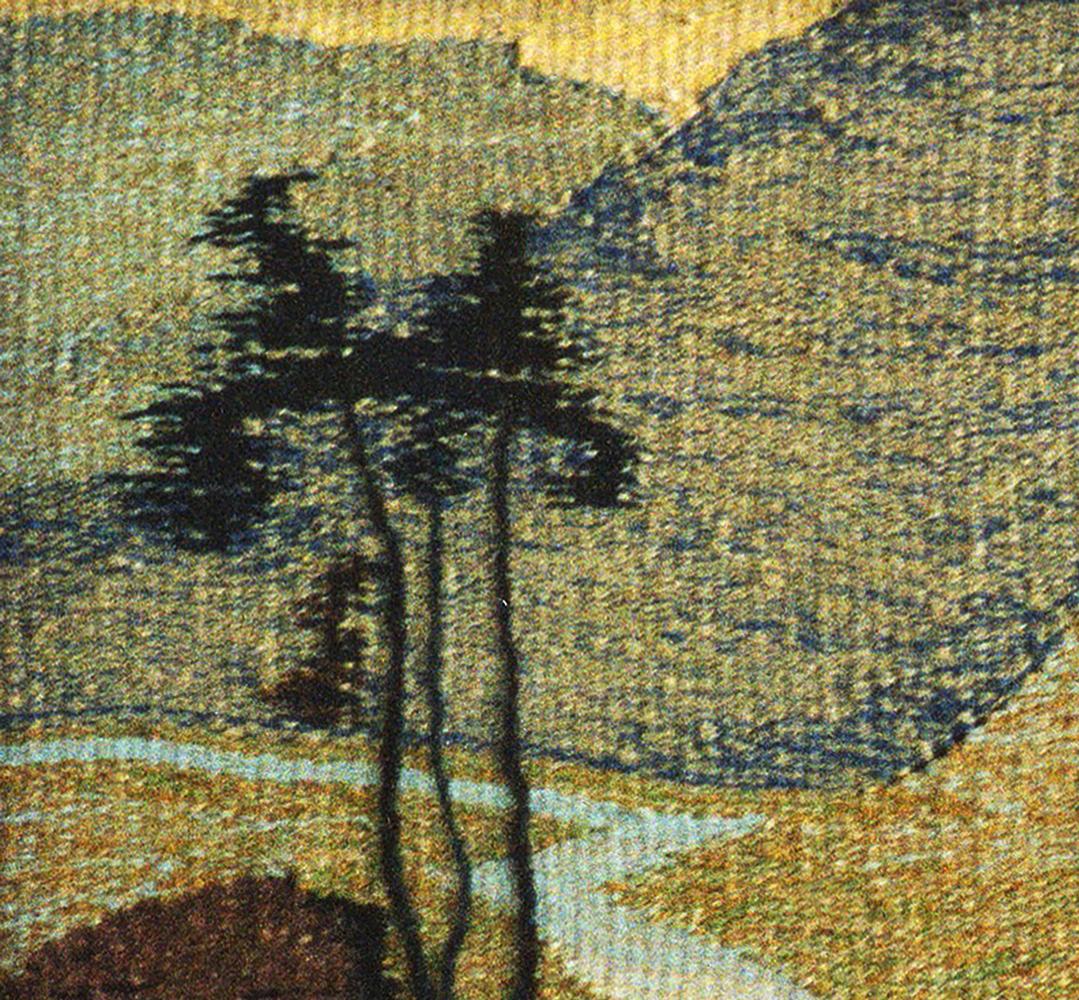 Handmade tapestry of mountain road with silhouetted pines by Vasily Korkishko