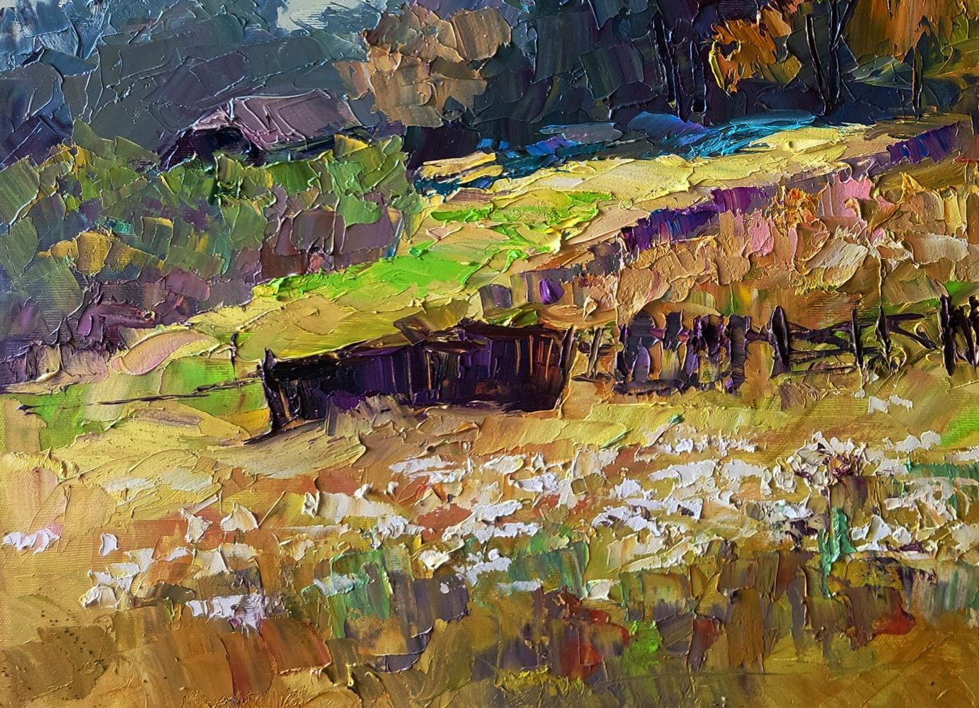 Vibrant impressionist oil painting of autumn flowers in garden by Boris Serdyuk