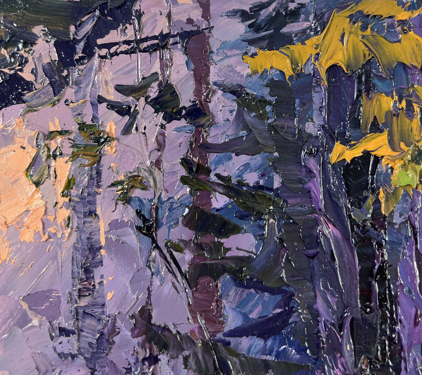 Oil painting Fog in the autumn forest by Boris Serdyuk with purple blue yellow strokes