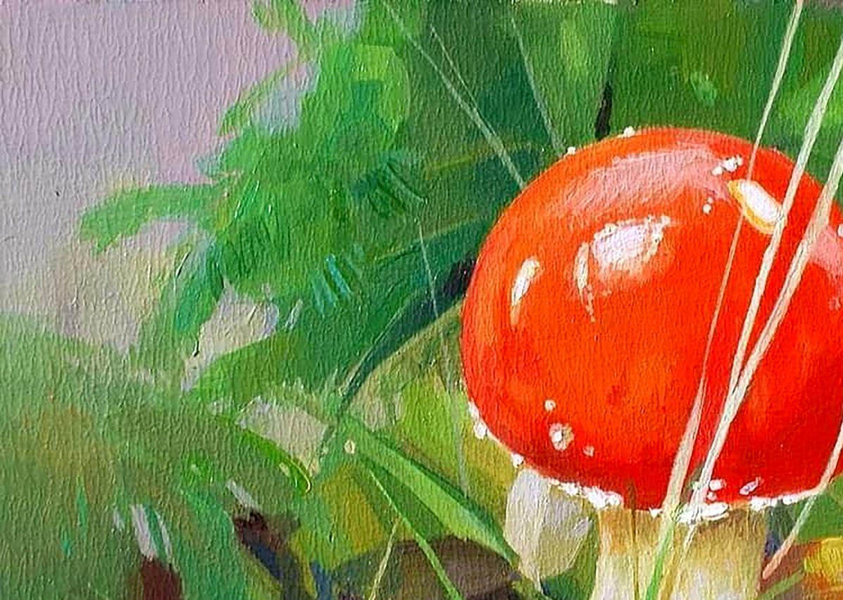 Oil painting of vibrant red mushroom with white spots by Anastasia Yaroshevich