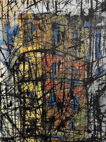 Oil painting Graphic of the Cities by Serhiy Kovalev, abstract yellow blue orange blocks chaotic black strokes
