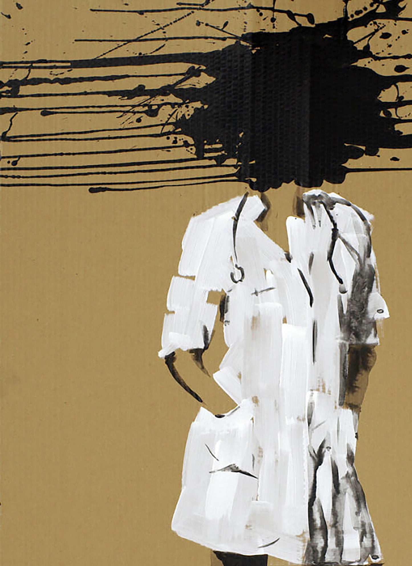 Stylized white medical coat with black ink splatters by Dima Filatov, mustard background