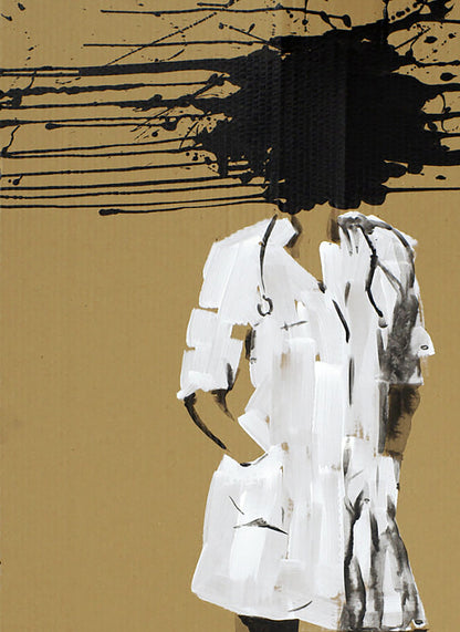 Stylized white medical coat with black ink splatters by Dima Filatov, mustard background