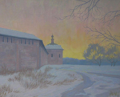 Oil painting Winter evening by Valery Savenets: serene snowy domed building