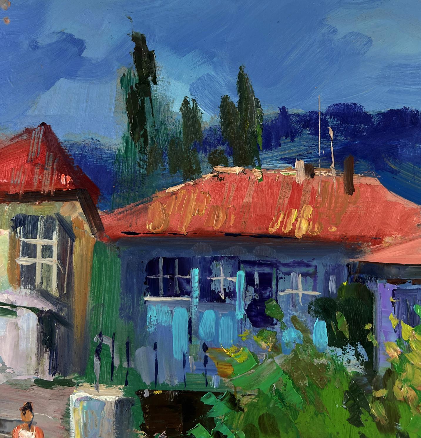 Oil painting of old city building with vibrant red roofs, stairs by Yuriy Suprunchuk