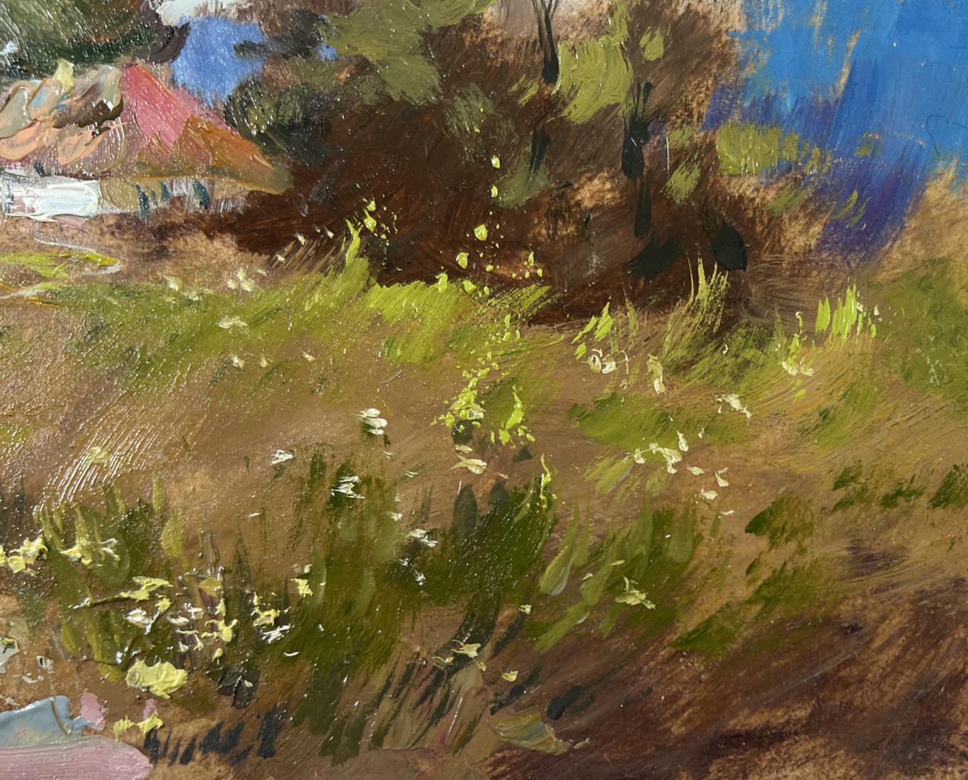 Vibrant impressionist oil painting of village on hill by Yuriy Suprunchuk