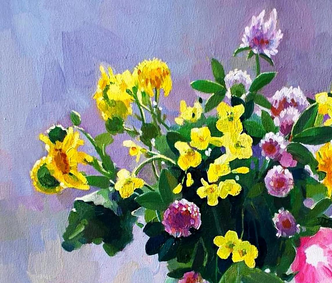Oil painting Autumn wildflowers by Anastasia Yaroshevich, yellow pink bouquet