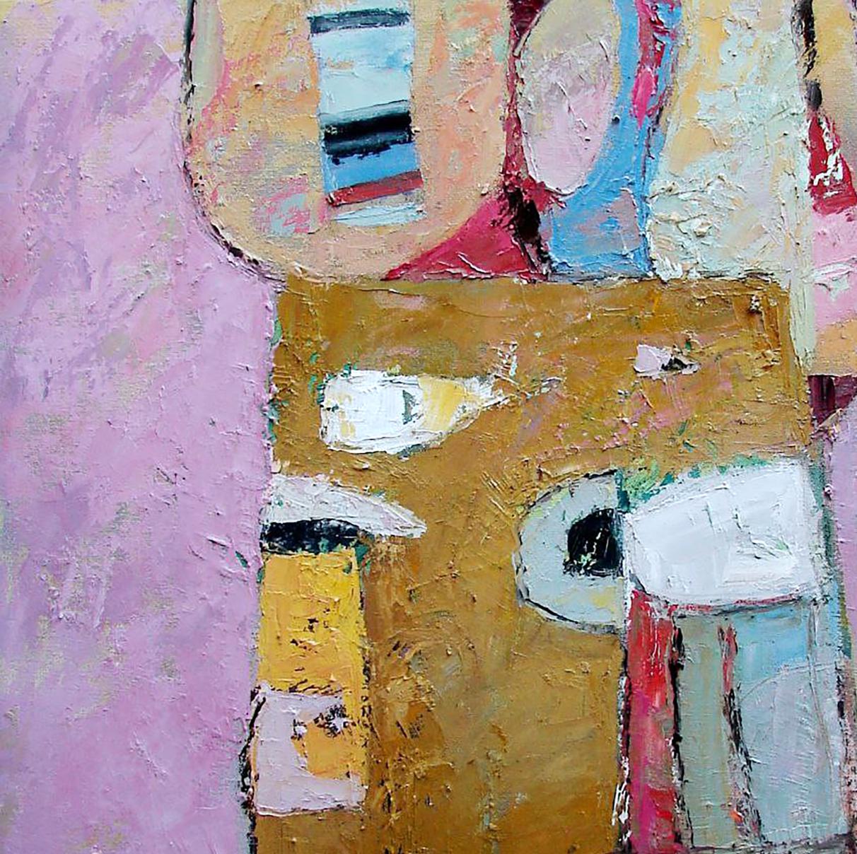Oil painting Tower by Tatyana Shulyak with impasto pastel pink, ochre, blue