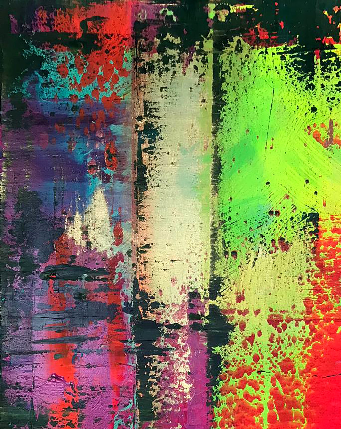 Meeting: vibrant abstract painting with neon green, red, purple stripes