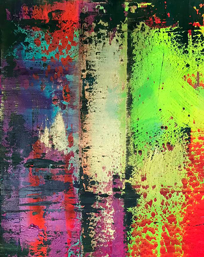 Meeting: vibrant abstract painting with neon green, red, purple stripes