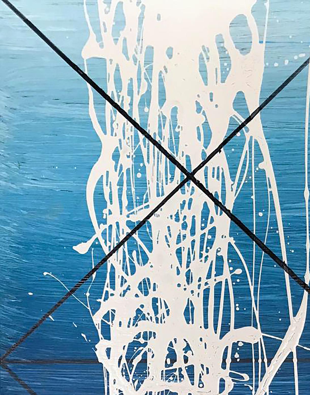 Acrylic painting Energy by Olga Melezhik: white splatters on blue, black lines