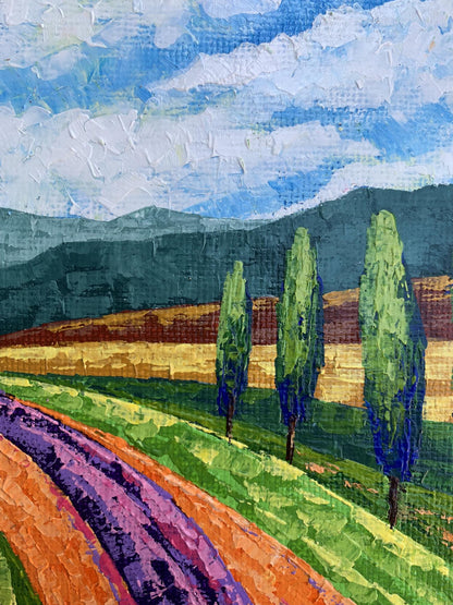 Vibrant oil painting of lavender glade road to mountains by V. Zadorozhnya