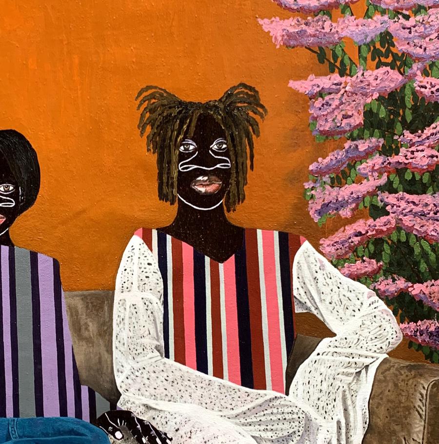 Stylized acrylic painting Lazy Afternoon by Akintomide Akinshola, dark-skinned person in white lace top over striped vest