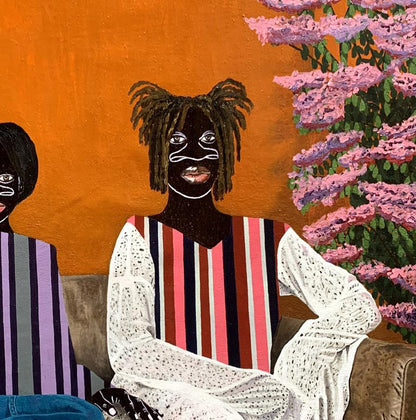 Stylized acrylic painting Lazy Afternoon by Akintomide Akinshola, dark-skinned person in white lace top over striped vest