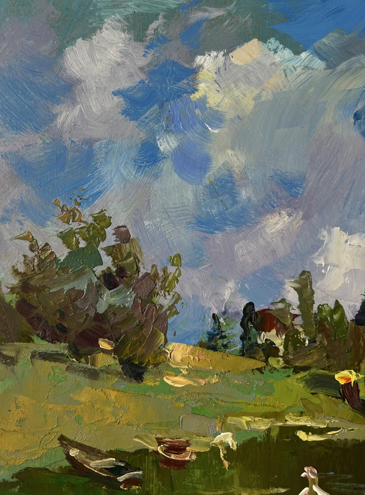 Oil painting by Yuriy Suprunchuk: Fishermen resting near shore with vibrant blue sky