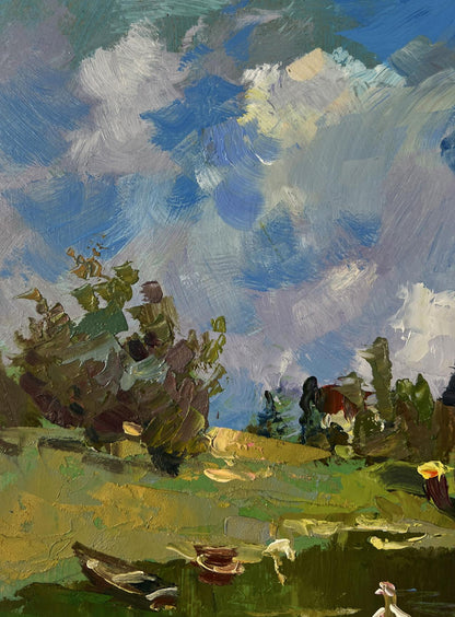 Oil painting by Yuriy Suprunchuk: Fishermen resting near shore with vibrant blue sky