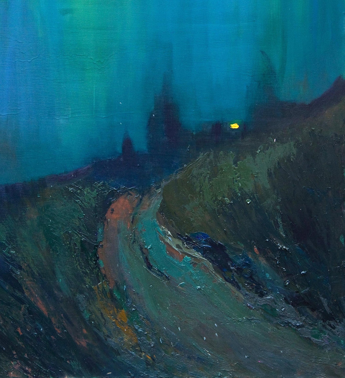 Oil painting Fog over the field by Natalia Korf-Ivaniuk, moody teal coastal scene