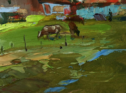 Oil painting by Yuriy Suprunchuk of cows grazing in green field