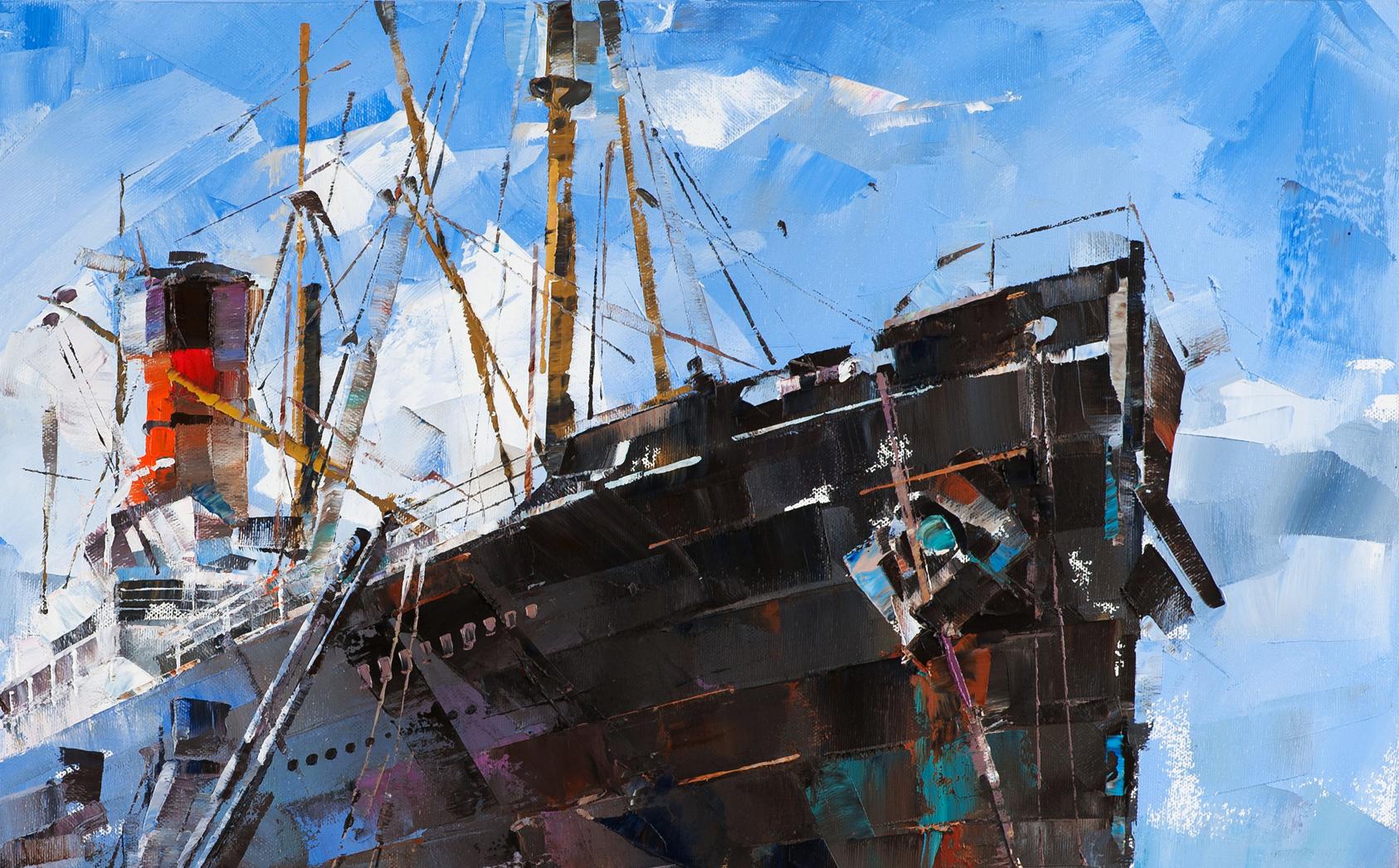 Oil painting of passenger ship in port by Volodymyr Gluhomanyuk