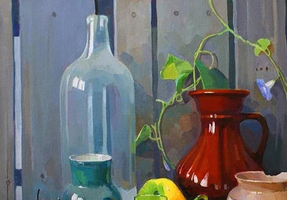 Oil painting of glossy red pitcher and glass bottles by Anastasia Yaroshevich