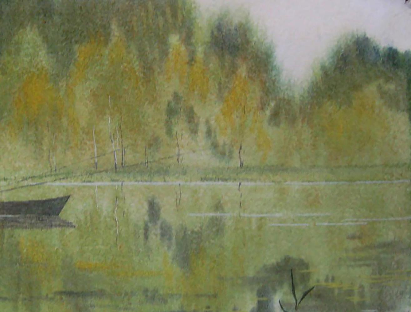 Watercolor painting of man fishing on boat by serene lake, Valery Savenets