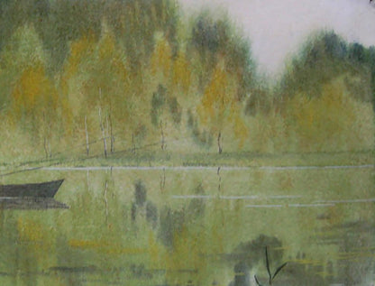 Watercolor painting of man fishing on boat by serene lake, Valery Savenets