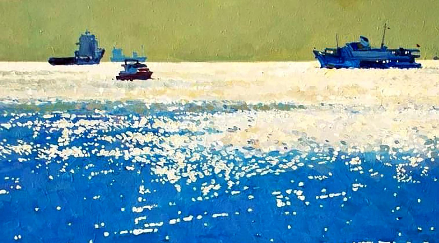 Oil painting by Shine Anastasia Yaroshevich: blue ships on sandy shore by sparkling water