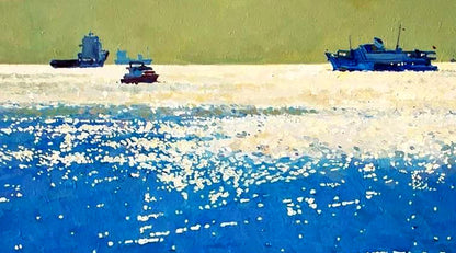 Oil painting by Shine Anastasia Yaroshevich: blue ships on sandy shore by sparkling water