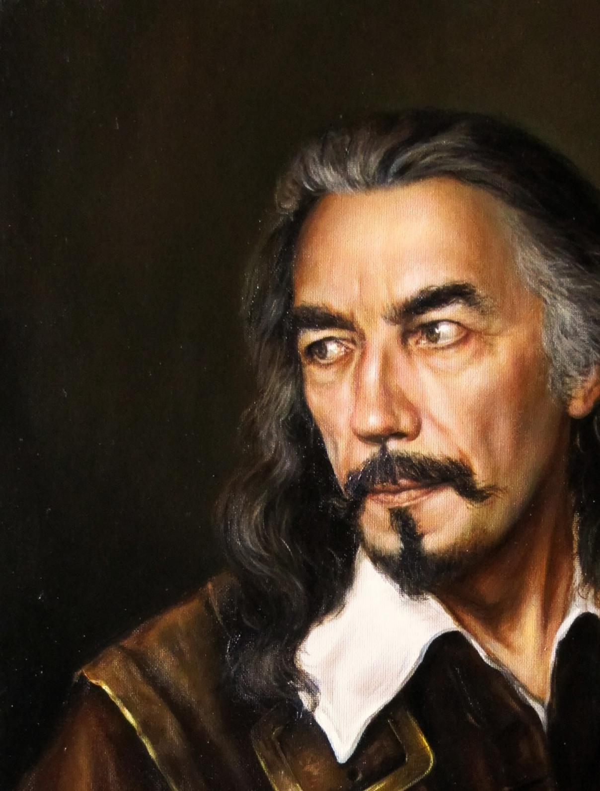 Oil painting self-portrait of Valeriy Bulat with gray wavy hair and mustache