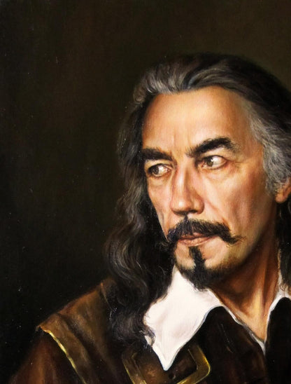 Oil painting self-portrait of Valeriy Bulat with gray wavy hair and mustache