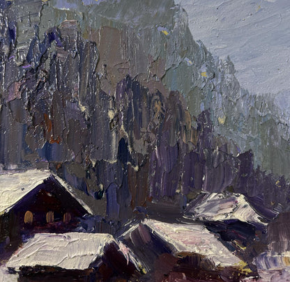 Oil painting Winter village Boris Serdyuk: impressionistic snowy mountains