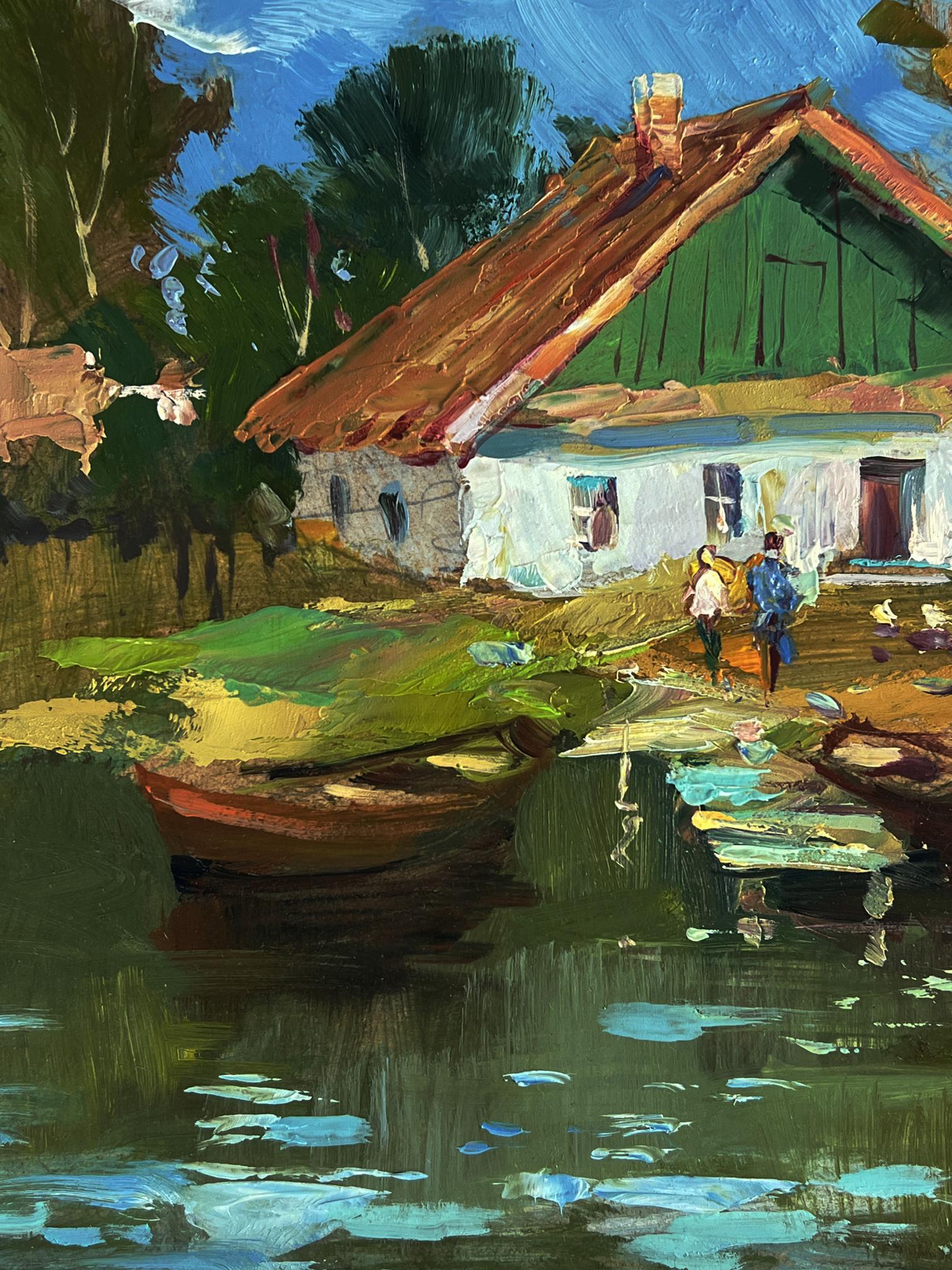Oil painting by Yuriy Suprunchuk: rustic green house by calm water amid trees