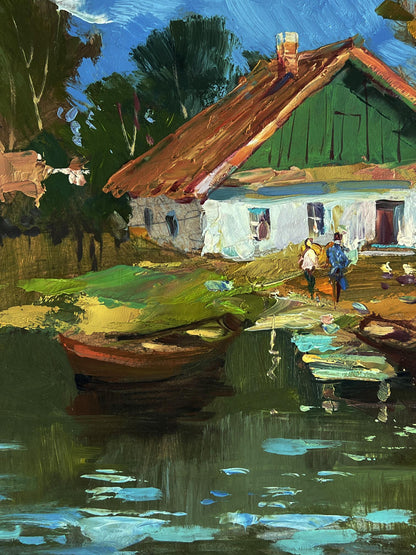 Oil painting by Yuriy Suprunchuk: rustic green house by calm water amid trees