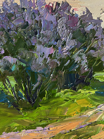 Oil painting Flowers along the road by Boris Serdyuk vibrant purple green foliage