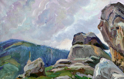 Oil painting Rocks by Leonid Pavlenko: rugged rocks under lavender sky