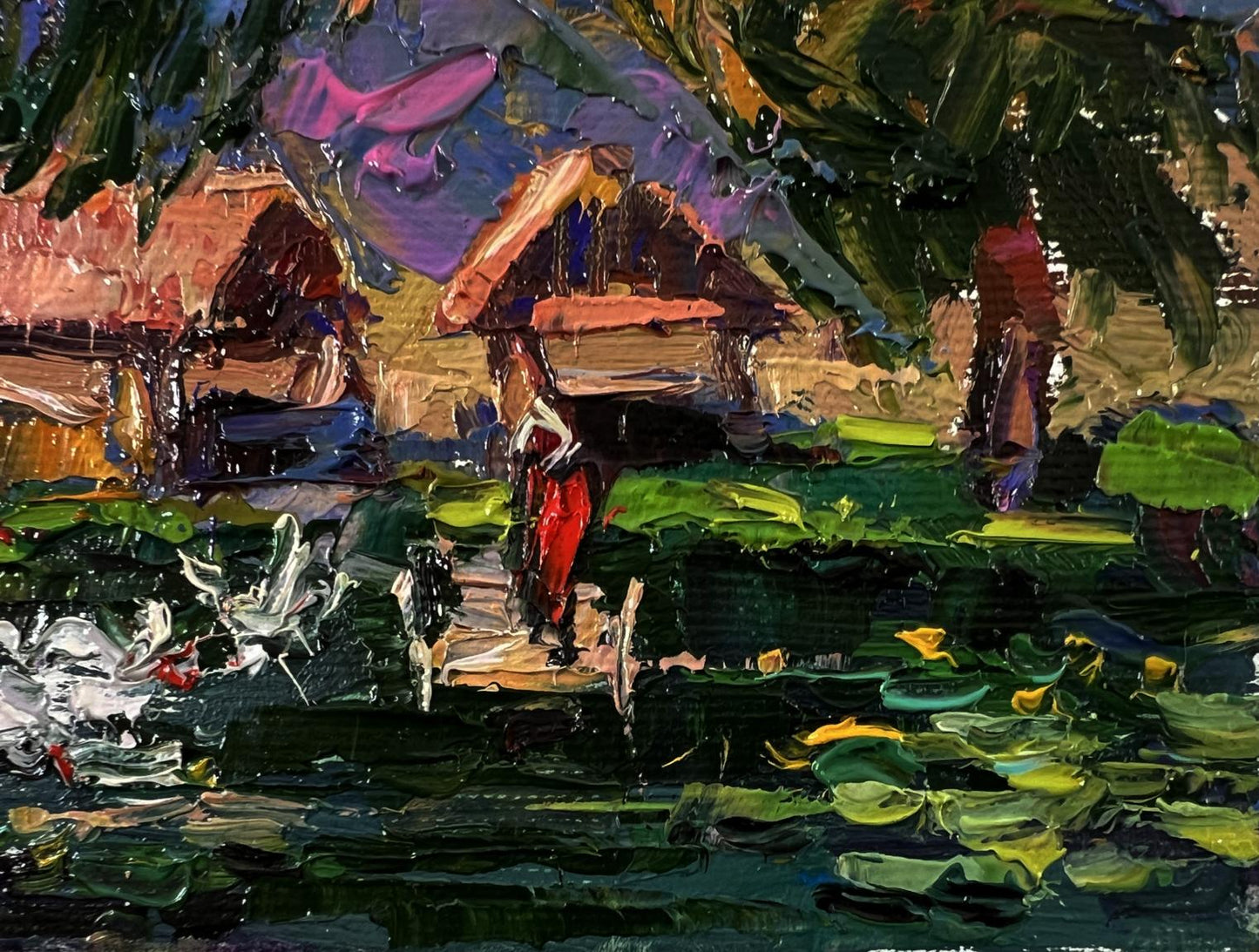 Oil painting Geese in a village lake by Oksana Ivanyuk with red figure on bridge