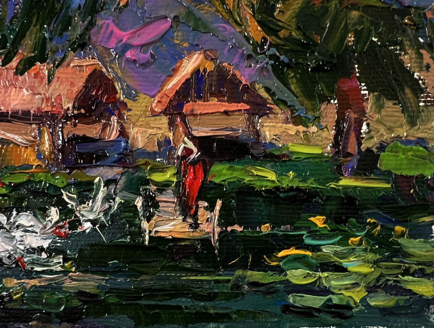 Oil painting Geese in a village lake by Oksana Ivanyuk with red figure on bridge