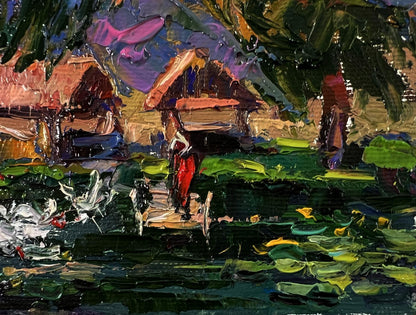 Oil painting Geese in a village lake by Oksana Ivanyuk with red figure on bridge