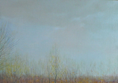 Oil painting by Vasily Korkishko: muted blue-gray sky over bare trees with yellow foliage bases